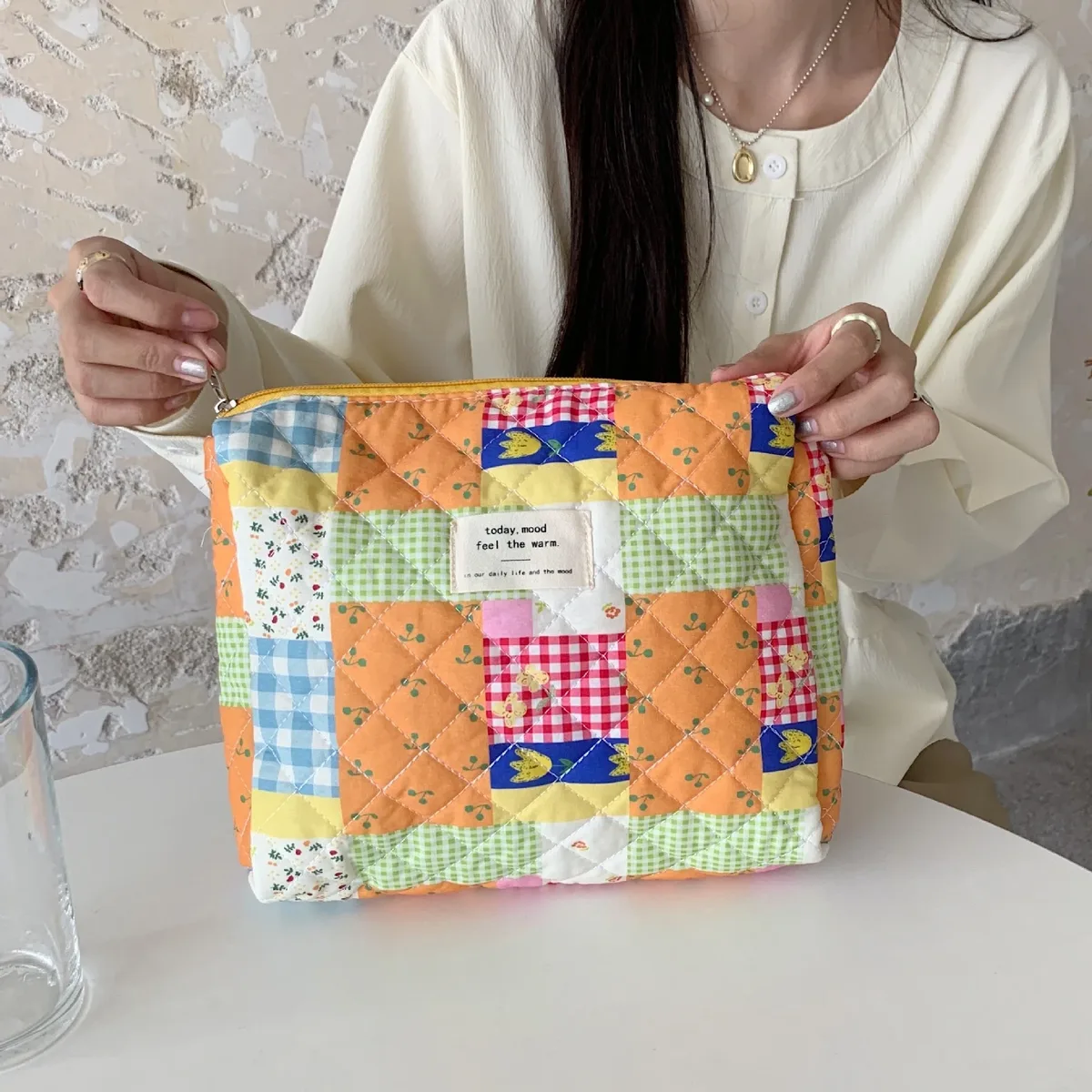 sac de rangement de voyage en coton matelassé pour femmes, sacs à cosmétiques rétro cerise, design mignon, trousse à crayons pour filles, trousse de maquillage, sacs à main