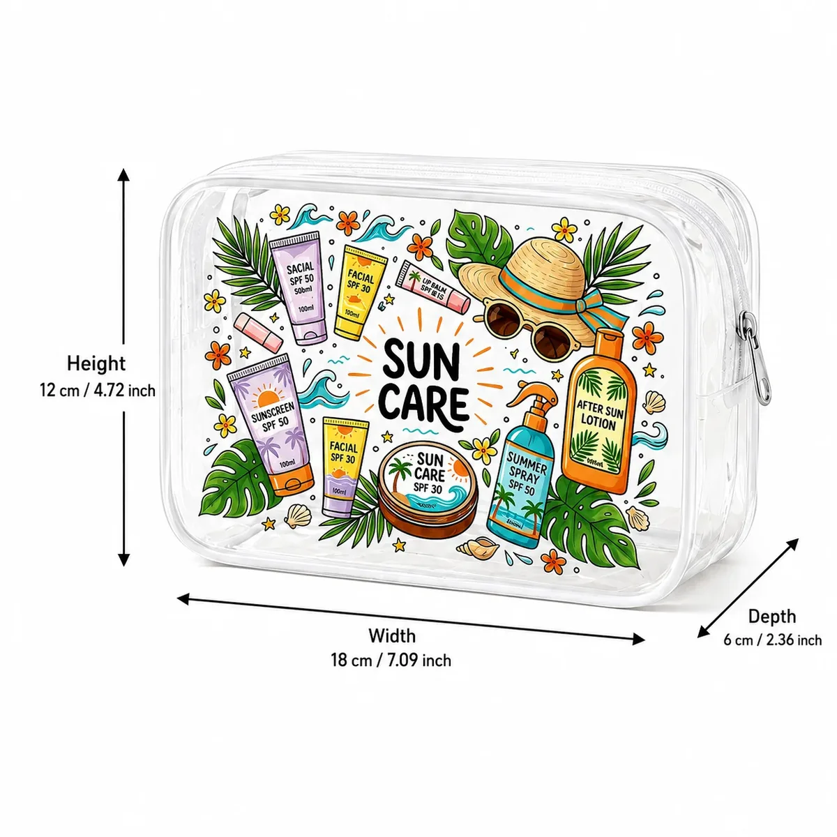 trousse de toilette transparente en pvc imprimée sun care, pochette de voyage imperméable pour cosmétiques, organisateur de maquillage pour femme, rangement pour soins de la peau à la plage