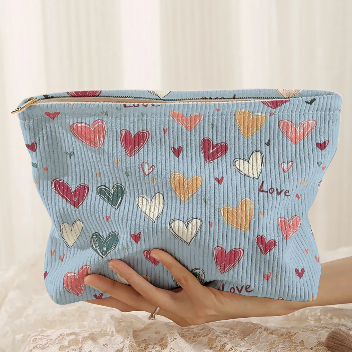 1 pièce, sac de rangement portable pour cosmétiques avec motif de cœur coloré, imprimé double face, sac de maquillage de voyage à fermeture éclair