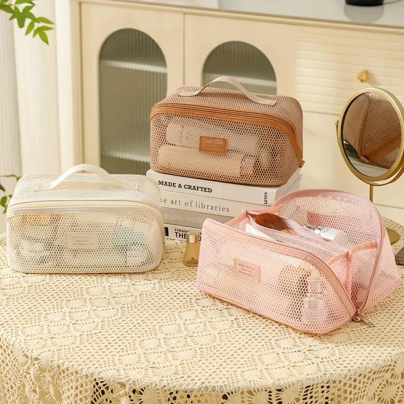 trousse de maquillage en tissu filet translucide grande capacité, pochette de voyage essentielle pour articles de toilette, trousse de maquillage multifonctionnelle