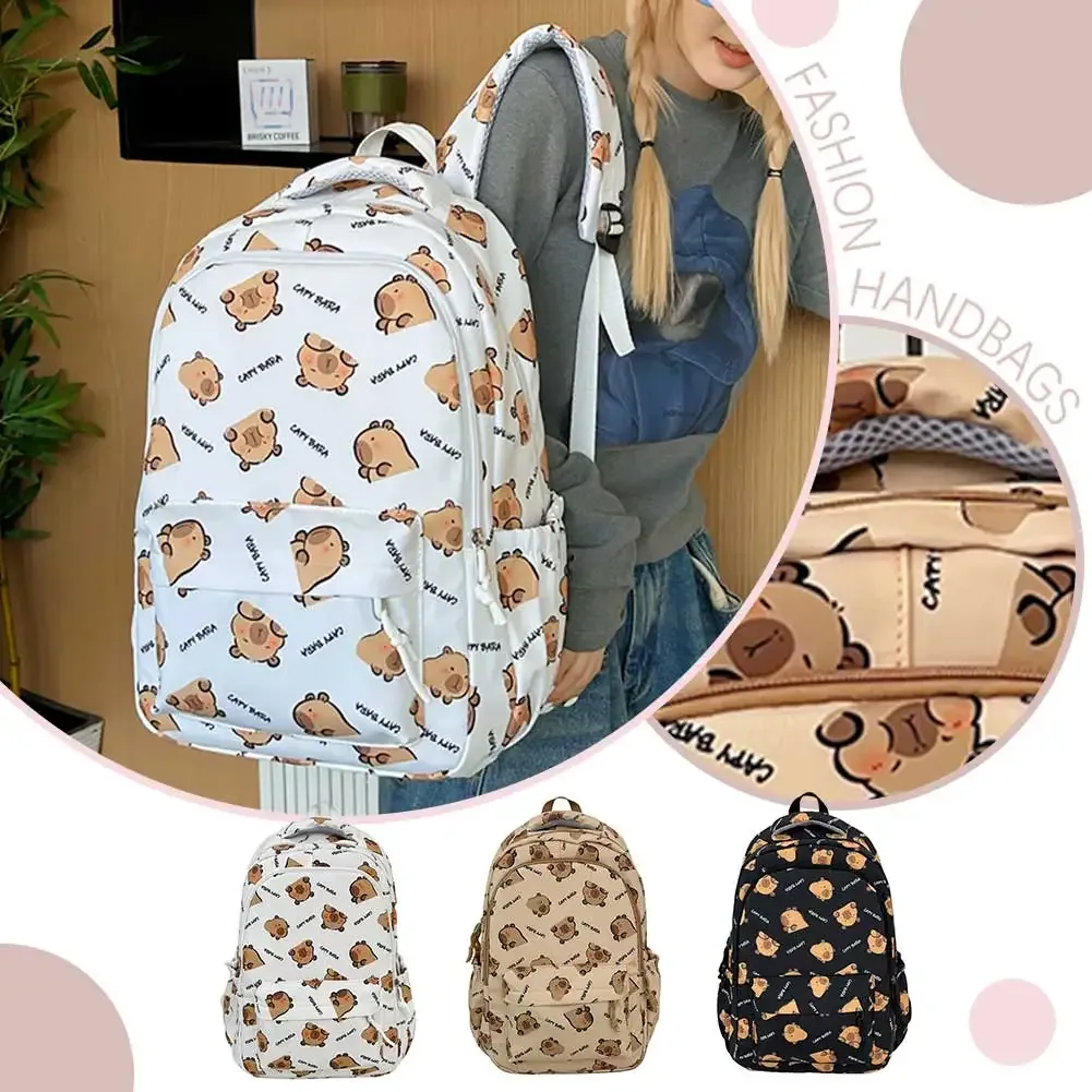 sac à dos capybara pour adolescents, grande capacité, élégant, multi-poches, kawaii, pour les trajets quotidiens, sac à dos simple