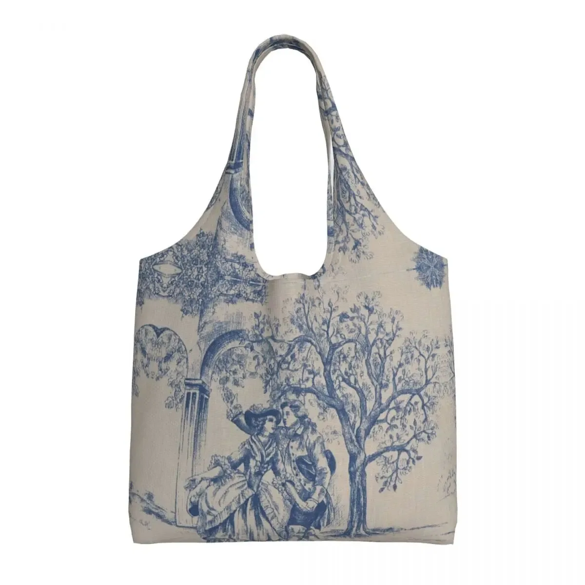 toile de jouy française classique vintage personnalisée, fourre-tout à motif bleu marine, fourre-tout de shopping en toile réutilisable, sac à bandoulière