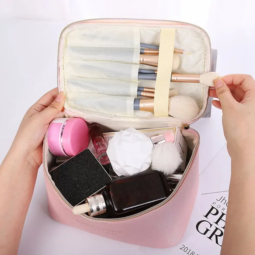 trousse à cosmétiques en cuir pu, grande capacité, étanche, fermeture éclair, trousse de maquillage, voyage, toilette multifonctionnelle, évaluation