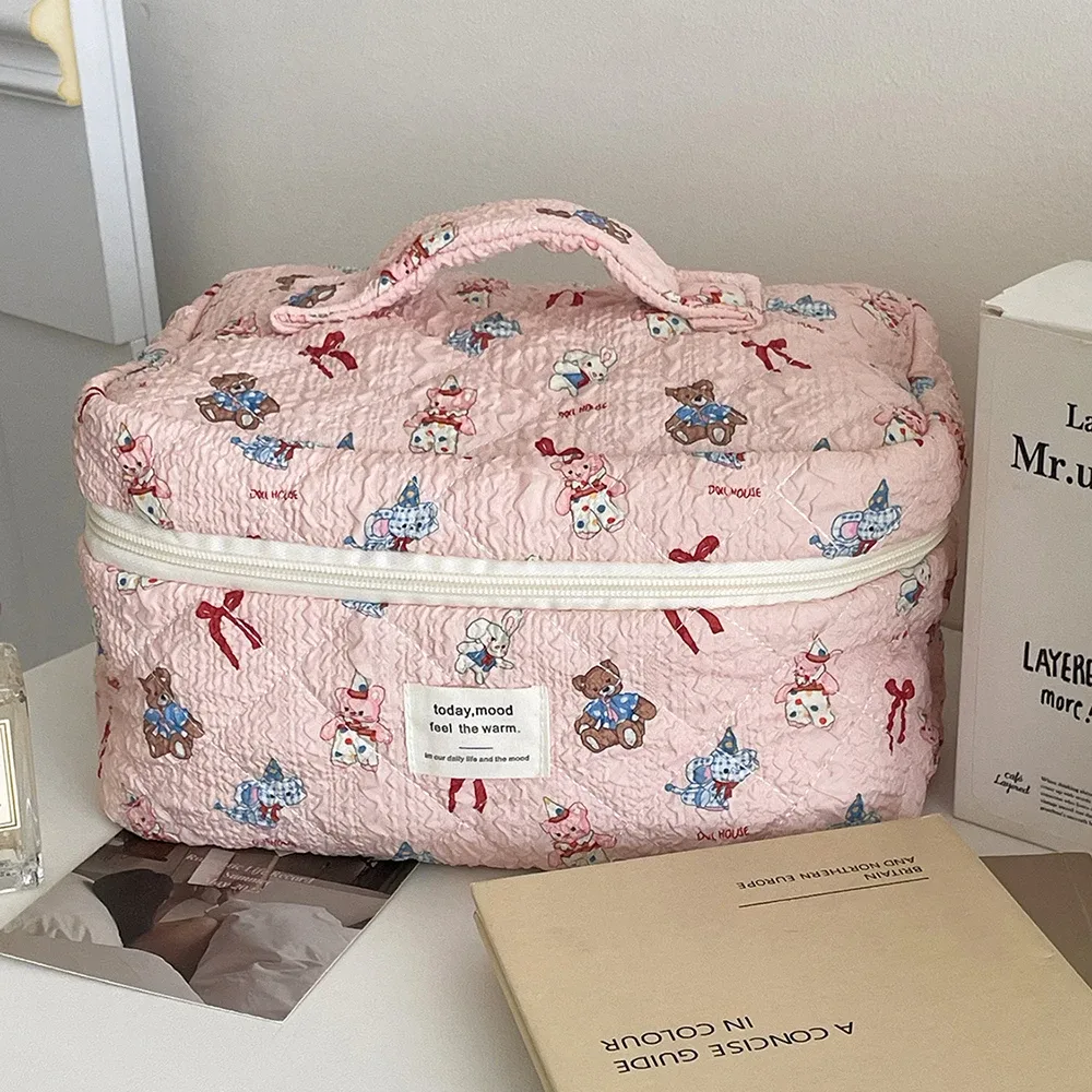 sac de maquillage rose mignon pour filles, fourre-tout portable, pochette cosmétique, sac à main de personnalité pour dames, sac de maquillage matelassé à fermeture éclair