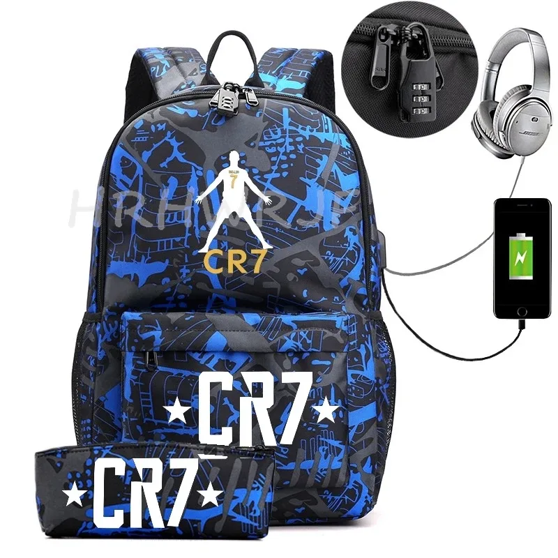sac à dos usb cr7 pour femmes et hommes, sac à dos de voyage décontracté anti-vol, sacs d'école pour adolescents avec capacité pour ordinateur portable, avec trousse à crayons, 2 pièces