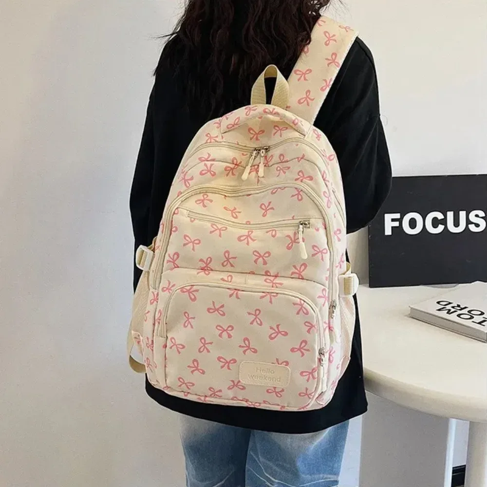 lot de 3 sacs à dos mignons grande capacité avec nœud, imprimé nœud, bretelles réglables, sac à dos d'étudiant en nylon, sac à dos de voyage