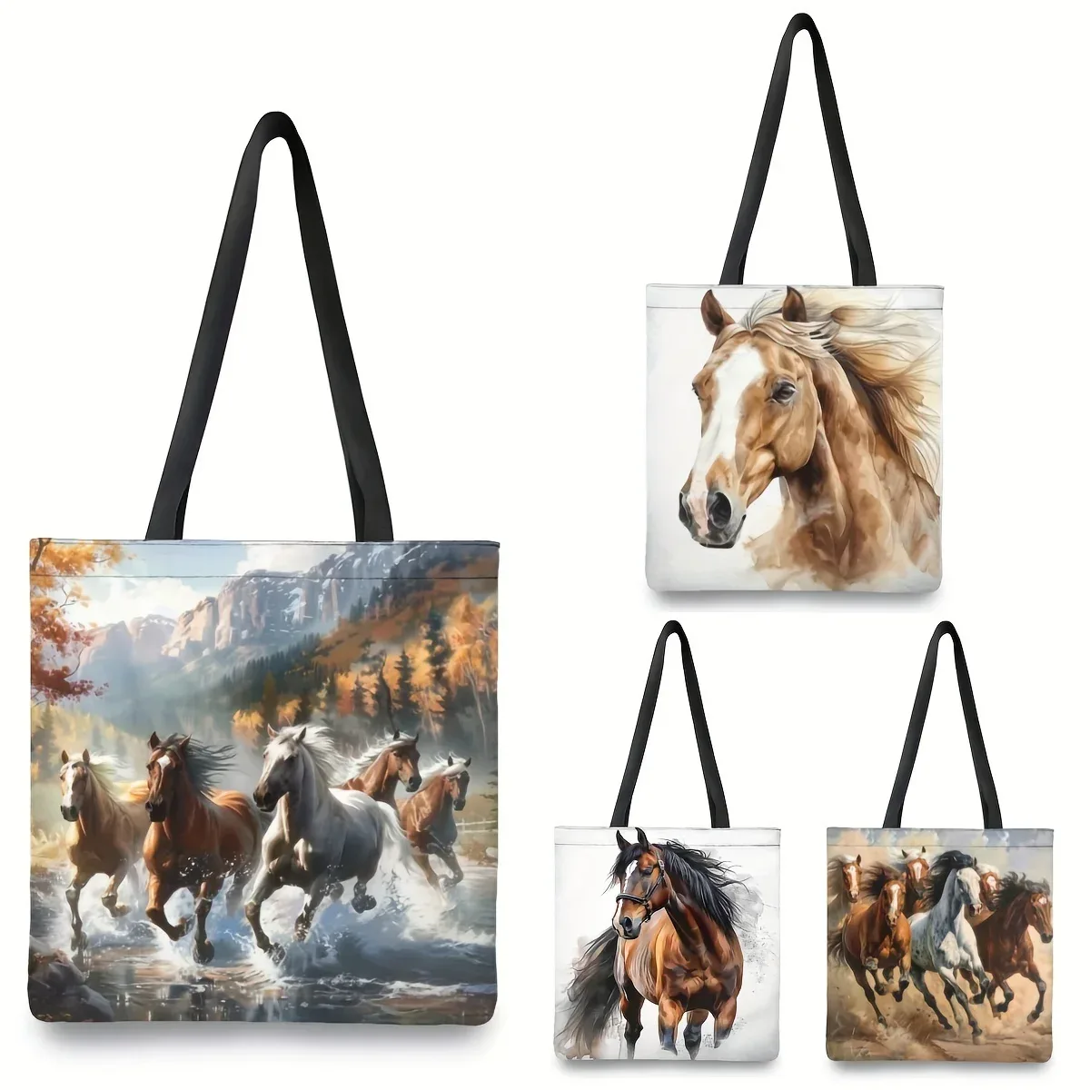 sac fourre-tout imprimé cheval dynamique | 1 pièce | lin | grande capacité, durable | travail, école, shopping | 40x40cm