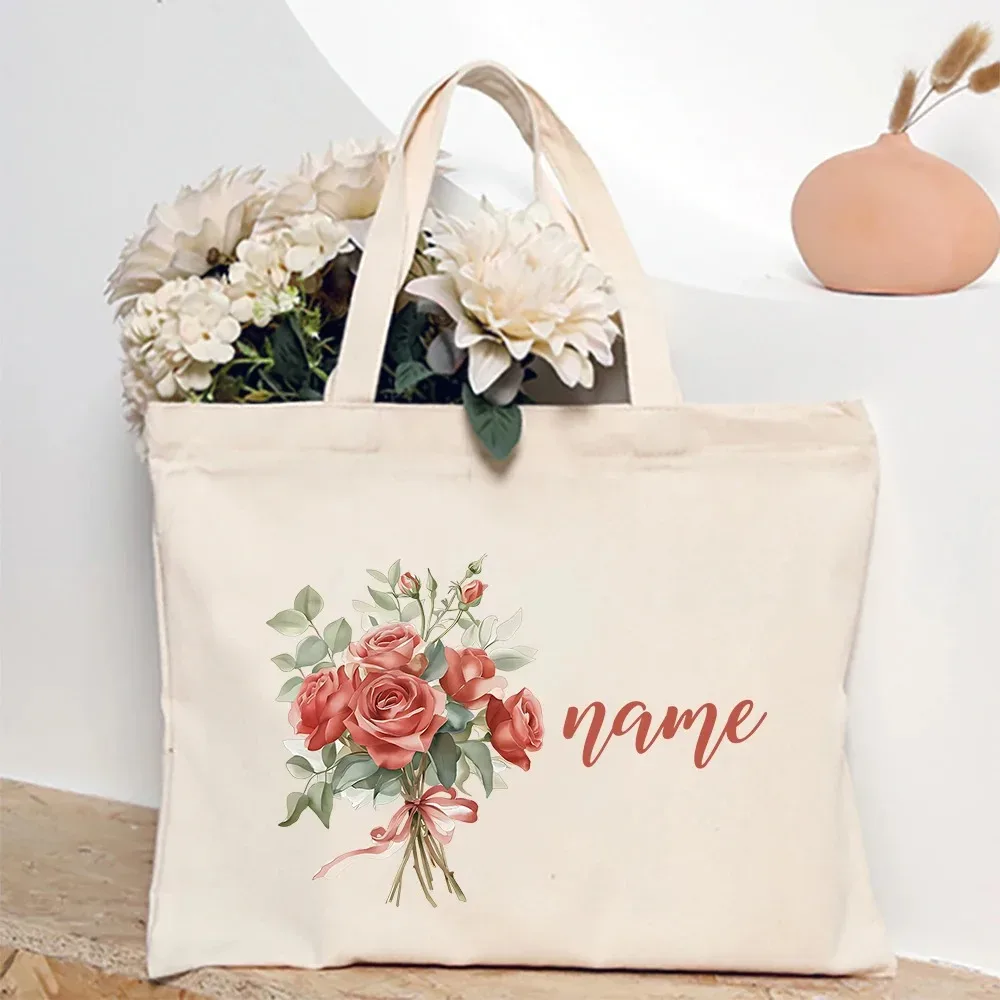 sac à bandoulière personnalisé avec fleur du mois de naissance et nom, sac fourre-tout en toile monogramme, idéal pour mariage, anniversaire, fête, meilleur cadeau pour elle