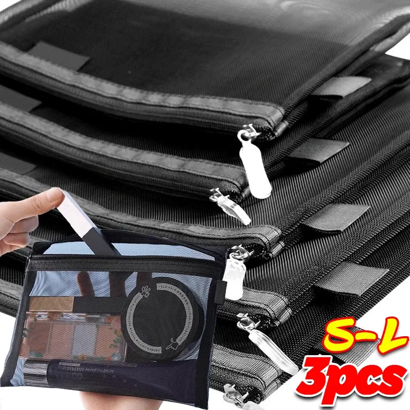 sacs à cosmétiques en maille noire, organisateur de toilette de voyage portable, pochette de rangement de rouge à lèvres, support de sac à main, sac de maquillage transparent s/m/l 1/3 pièces