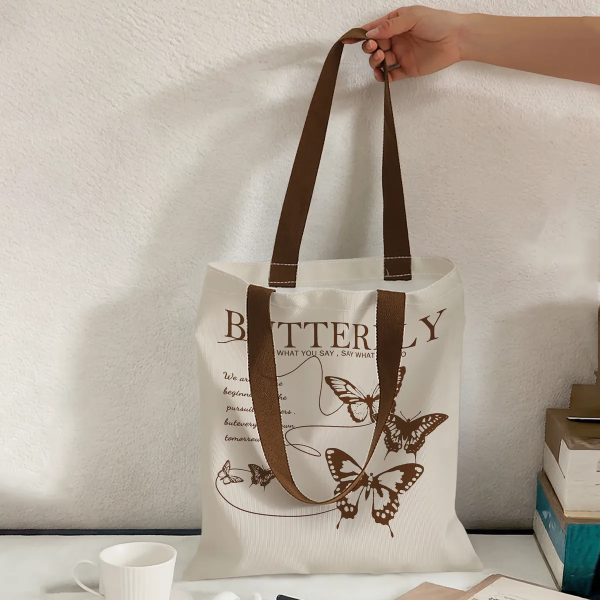 sac fourre-tout vintage marron avec imprimé papillon et citation, grande capacité, sac à bandoulière pour le shopping, les voyages et l'usage quotidien