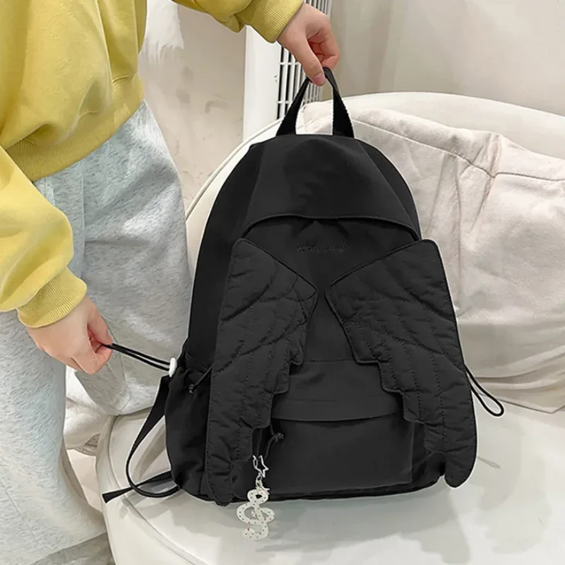 sac à dos matelassé ailes d'ange mignon, sac d'école en nylon à la mode, motif brodé élégant, sac à dos décontracté, sac de voyage quotidien spacieux