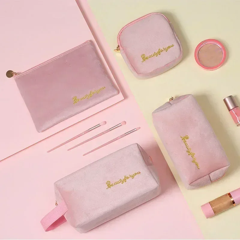 sac à cosmétiques en velours à fermeture éclair pour femme, grande trousse de maquillage de voyage, solide, pour documents, rouge à lèvres, rangement féminin
