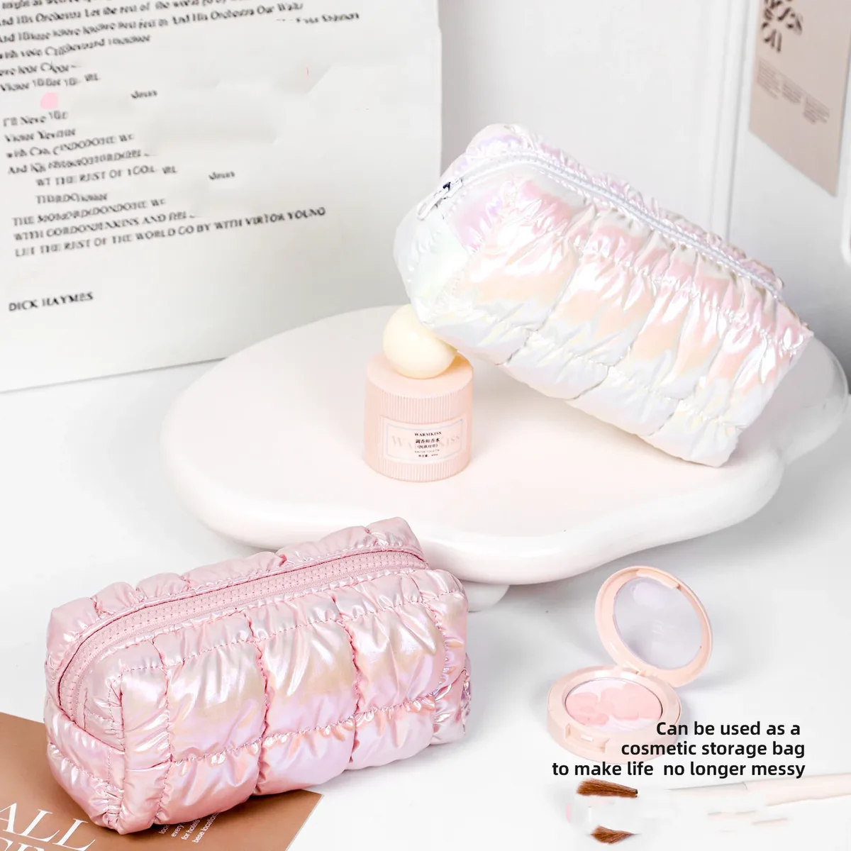 sac de rangement de maquillage rose pour femmes, sac à main organisateur de voyage, pochette de toilette et de cosmétiques, grille à bulles, pochette de luxe pour dames