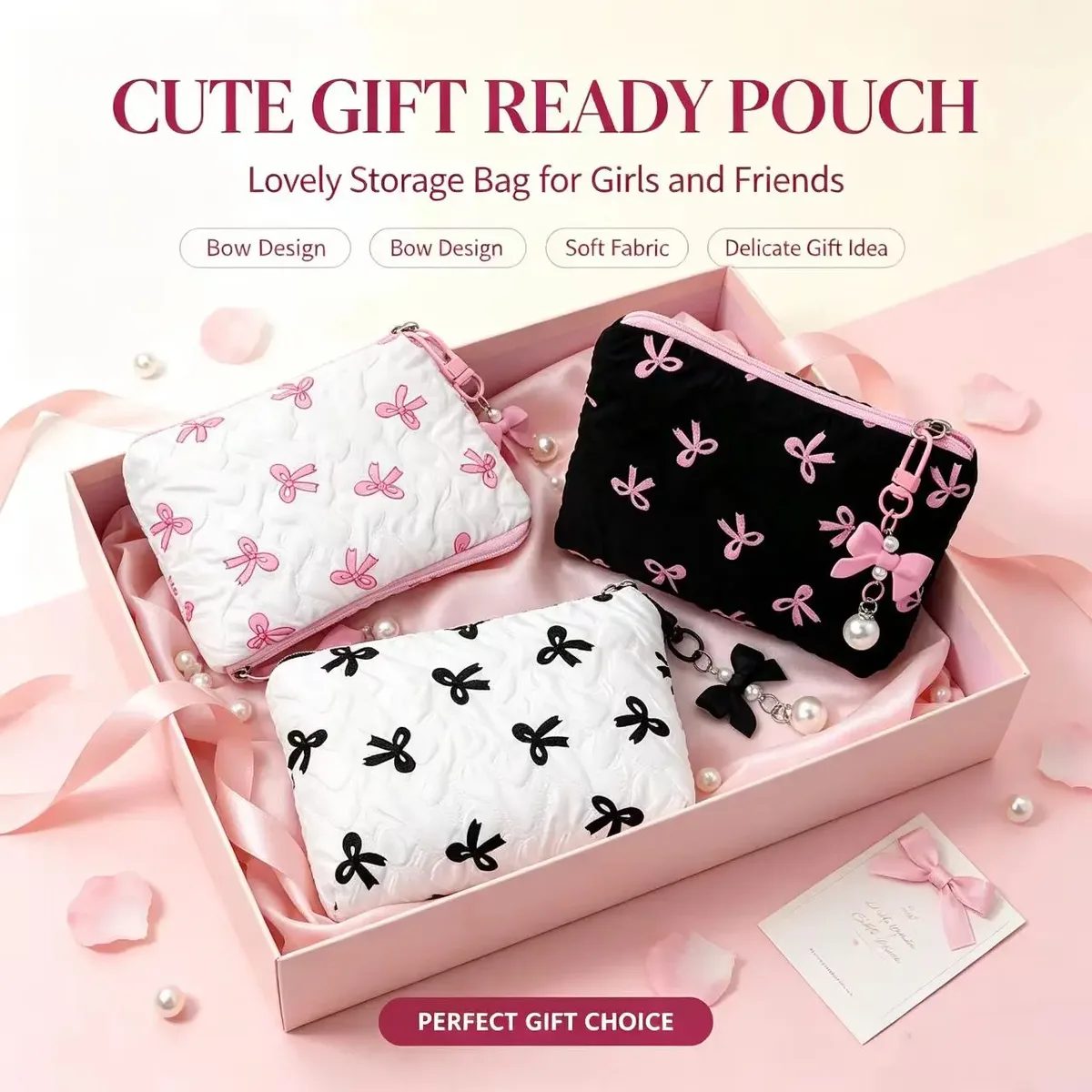 pochette à maquillage brodée avec nœud, design élégant, porte-monnaie, sac de rangement, mignon, grande capacité, trousse de maquillage haut de gamme