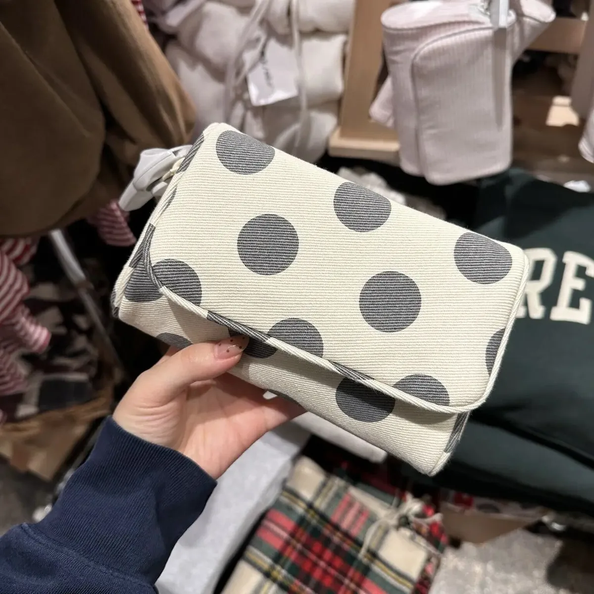 grande trousse de maquillage portable à pois et rayures en toile, sac de rangement de voyage, style ins, grande valeur esthétique, idéal pour le quotidien