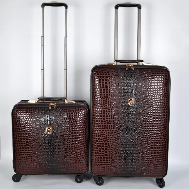 valise de voyage en cuir véritable à motif crocodile, luxe et mode, 16/20/24 pouces, valise à roulettes pour hommes et femmes