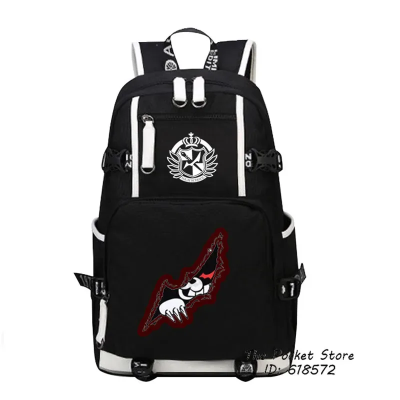 sac dos toile oxford noire dessin animé monokuma couronne ailes capacité 20 35 litres port usb bandes renfort blancs