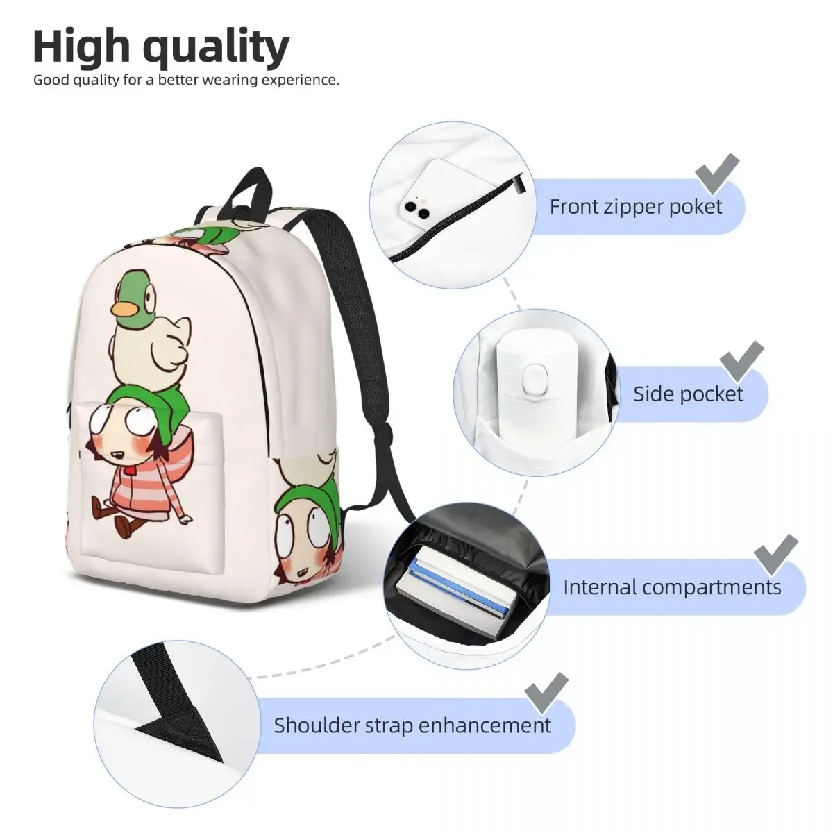 i draw sarah and duck sac à dos d'étudiant, sac d'école, sac à dos de randonnée, sac de voyage pour hommes et femmes, sac à dos à la mode, sacs à bandoulière