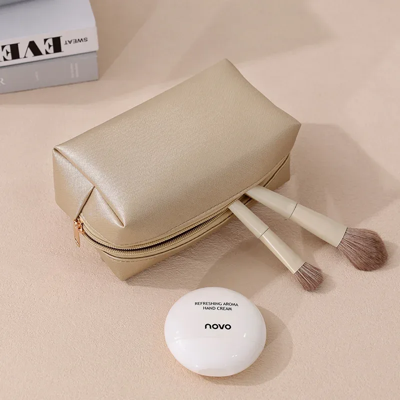 trousse de maquillage grande capacité en cuir pu pour femme, organisateur cosmétique imperméable, sac de toilette de voyage avec sangle de transport pour dames