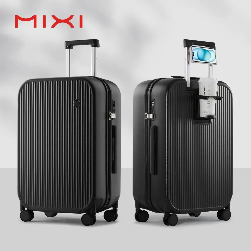 mixi nouveau design valise bagage à main avec tasse support pour téléphone coque rigide bagage roulant pc spinner roues boîtier de chariot
