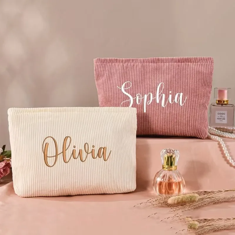 pochette à maquillage en velours côtelé personnalisée, pochette de rangement texturée douce pour ranger les cosmétiques, idéale pour un usage quotidien, les vacances à la plage et les voyages