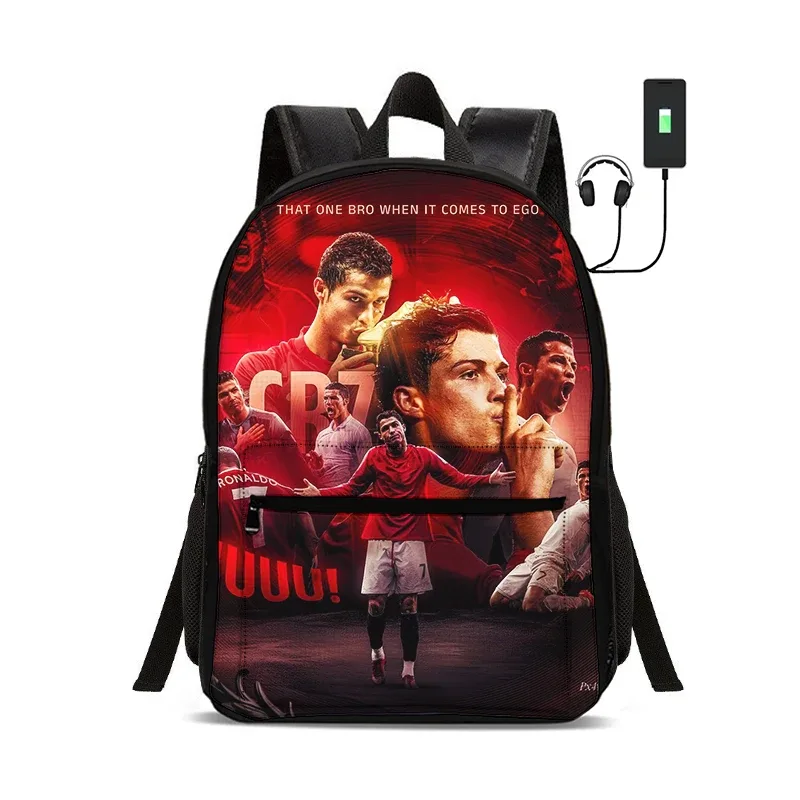sac à dos de star du football avec interface usb, sac à dos ronaldo pour étudiants, sac à dos pour garçons et filles, meilleur cadeau