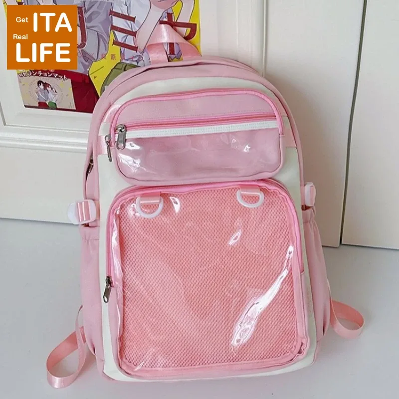 sac à dos ita rose italife big anime avec plaque d'insertion, grand sac itabag jaune kawaii pour femmes, double poche transparente pour affichage de pins h260