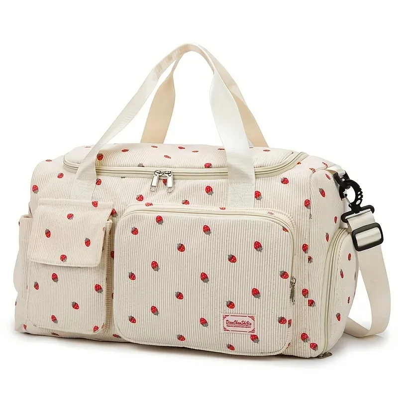sac polochon décontracté imprimé fraise de grande capacité avec plusieurs compartiments – idéal pour les voyages, la salle de sport et l'utilisation quotidienne