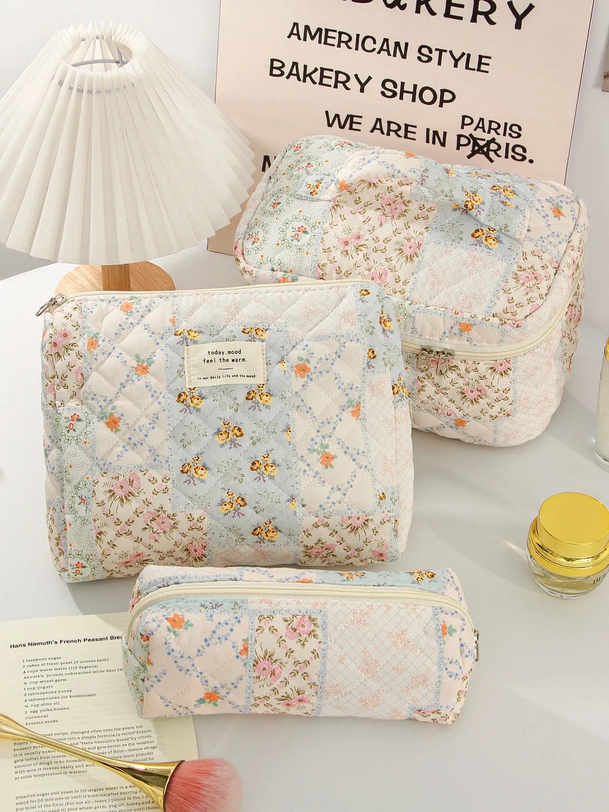 trousse de maquillage matelassée à fleurs assorties, trousse de toilette de voyage de grande capacité, trousse de maquillage portable à la mode, 1 pièce/ensemble