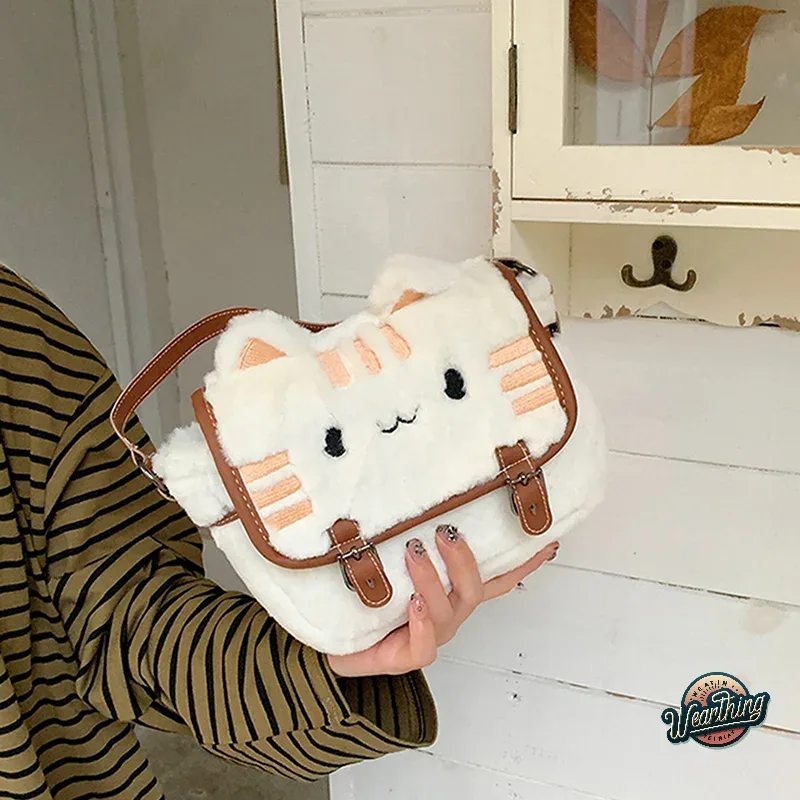 sac messager en peluche pour femme, joli sac à main de dessin animé, visage de chat mignon, sacs à bandoulière initiés