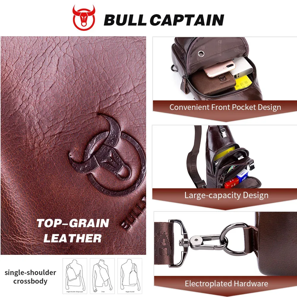 bullcaptain sac en cuir véritable sac de poitrine hommes mode style décontracté sac à bandoulière affaires grande capacité en cuir bagages pour hommes
