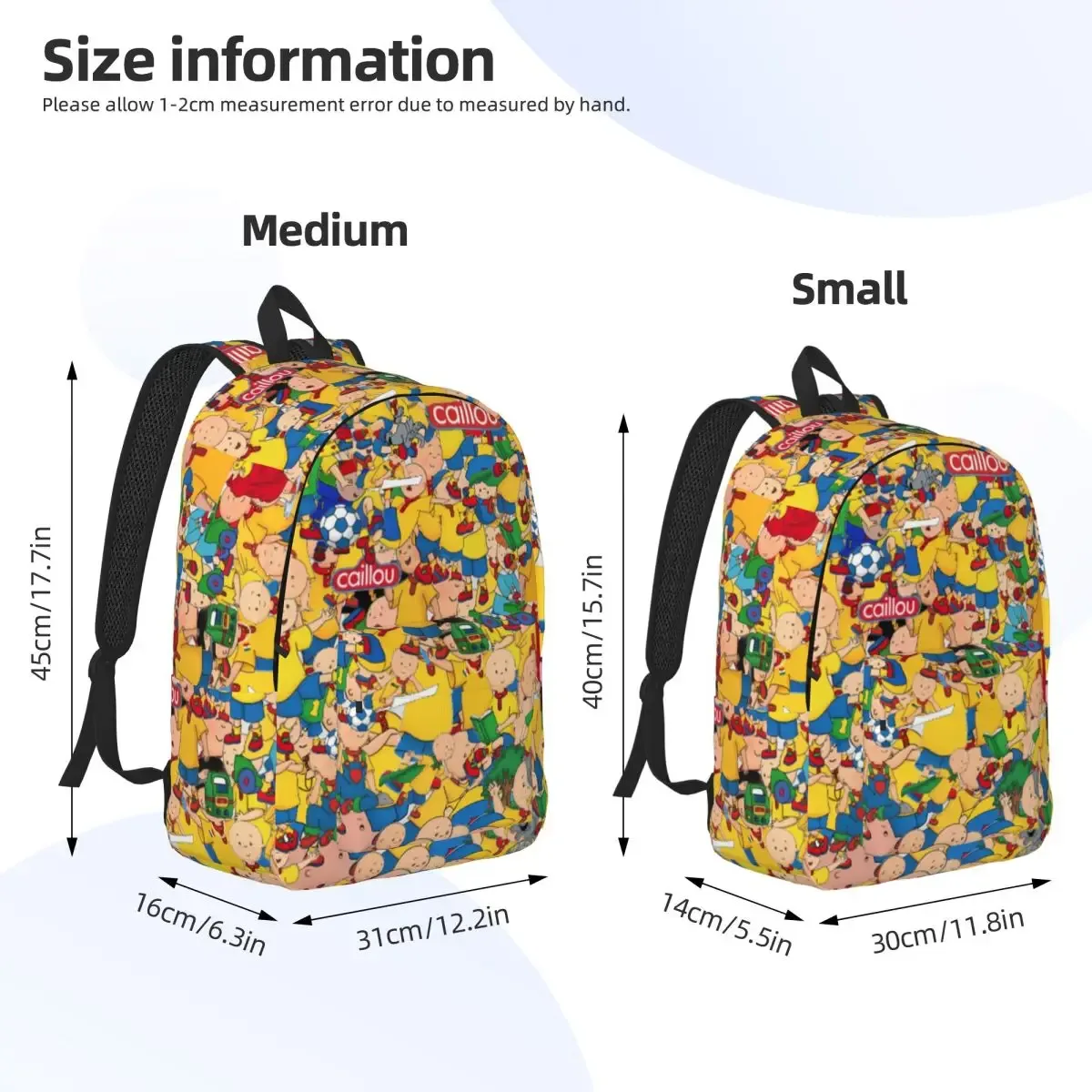 sac dos toile personnages animés jaune rouge bleu beige forme rectangulaire poignée noire travail ecole universite voyage famille