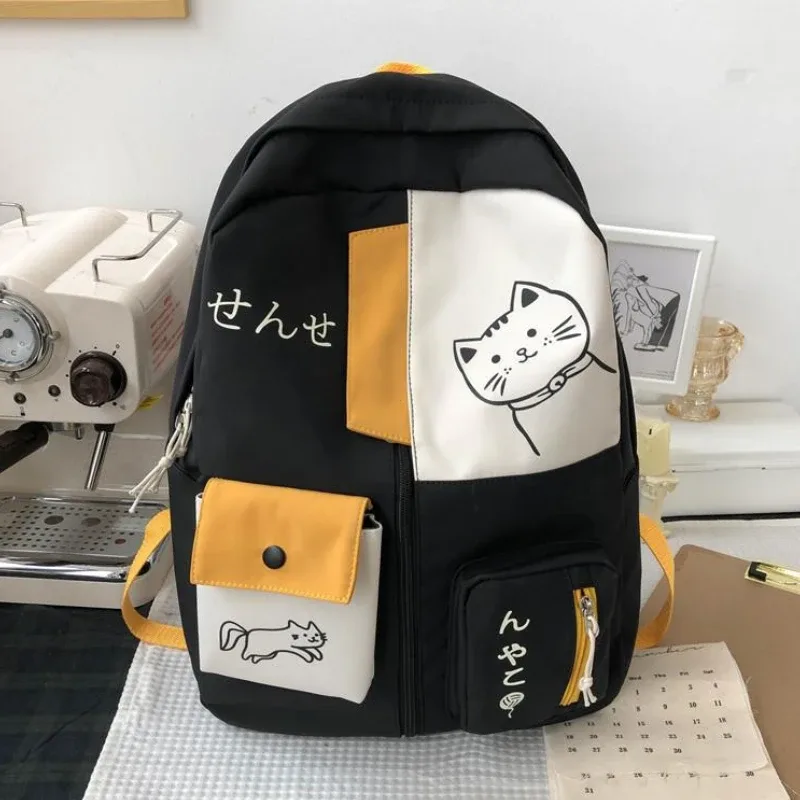 sac à dos de voyage en nylon imperméable de grande capacité, cartable de style coréen avec chat de dessin animé mignon pour femme