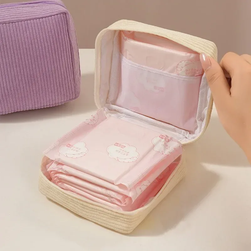 sac de maquillage mignon en velours côtelé pour femmes, petit sac de voyage portable, sacs cosmétiques de couleur unie, sac de toilette à fermeture éclair, pochette de rangement