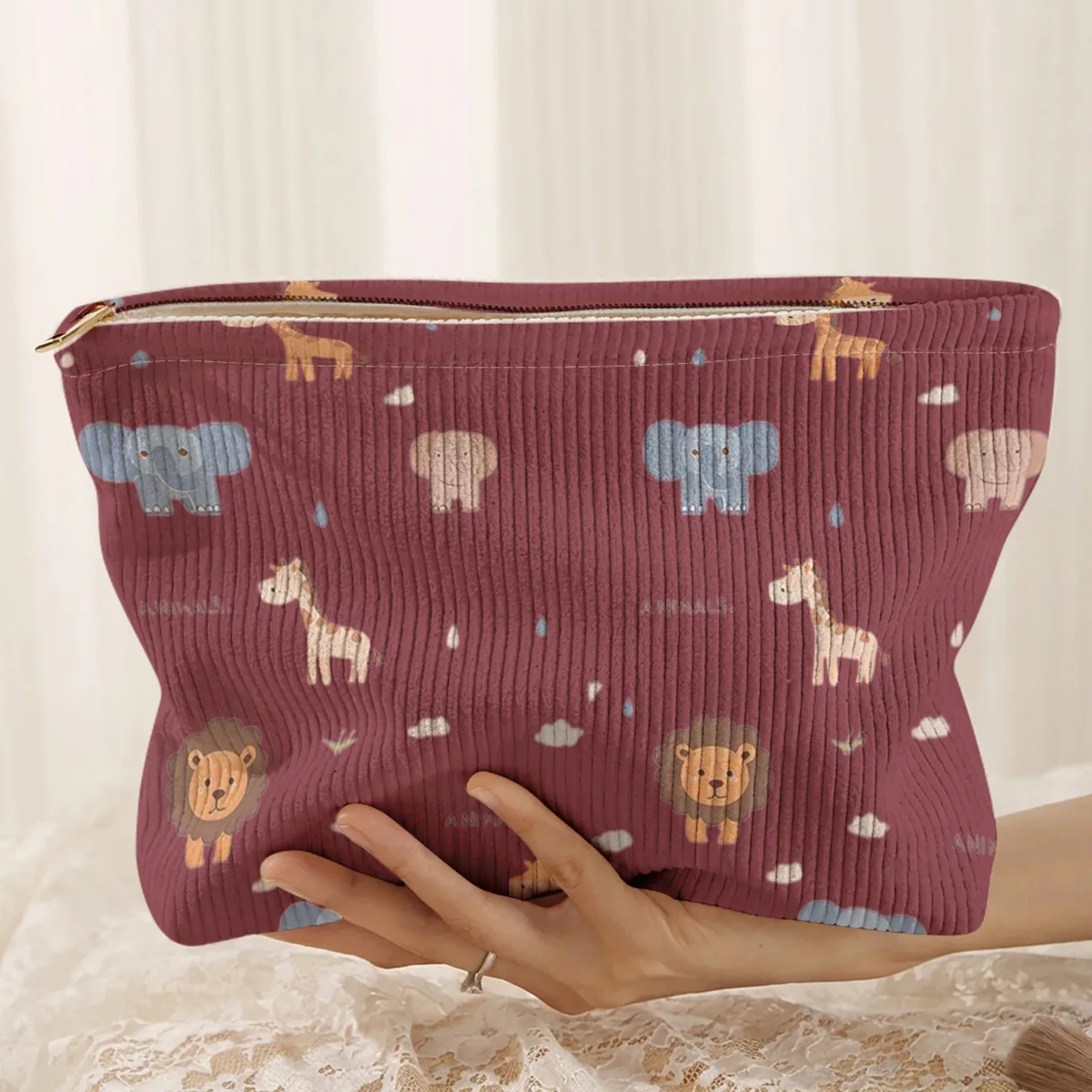 1. trousse de maquillage en velours côtelé à motifs animaliers, boîte de rangement légère à fermeture éclair, sac multifonctionnel avec doublure
