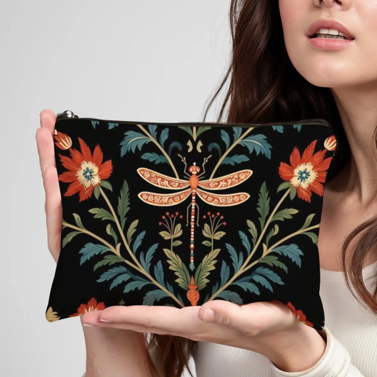 exquis sac de maquillage libellule-floral vert émeraude avec libellules et pivoines en feuille d'or organisateur cosmétique d'élégance vintage