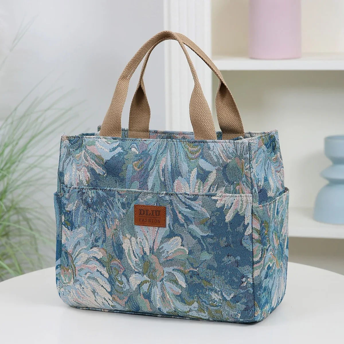 nouveau sac à main en tissu épais de grande capacité, sac fourre-tout, sac de shopping, sac polyvalent, sac à lunch, sac bento, motif floral