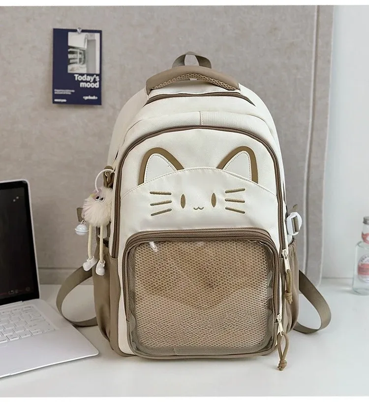 sac à dos imprimé chat kawaii pour adolescentes, sac d'école imperméable de grande capacité, sac à dos de voyage mignon de couleur contrastée avec pendentif en peluche