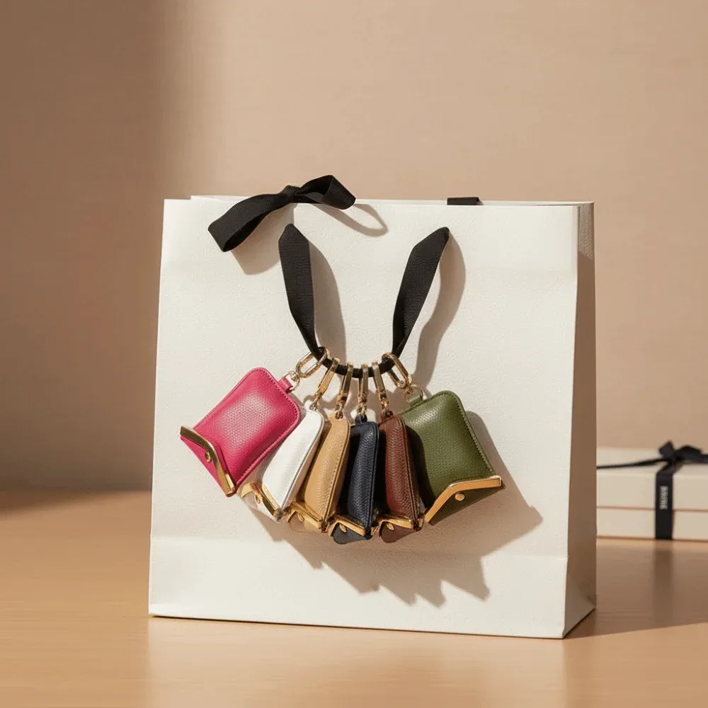 sac fourre-tout mini pliable anti-déchirure en similicuir couleur unie avec porte-clés, grande capacité, pochette 2-en-1 pour sac et breloque
