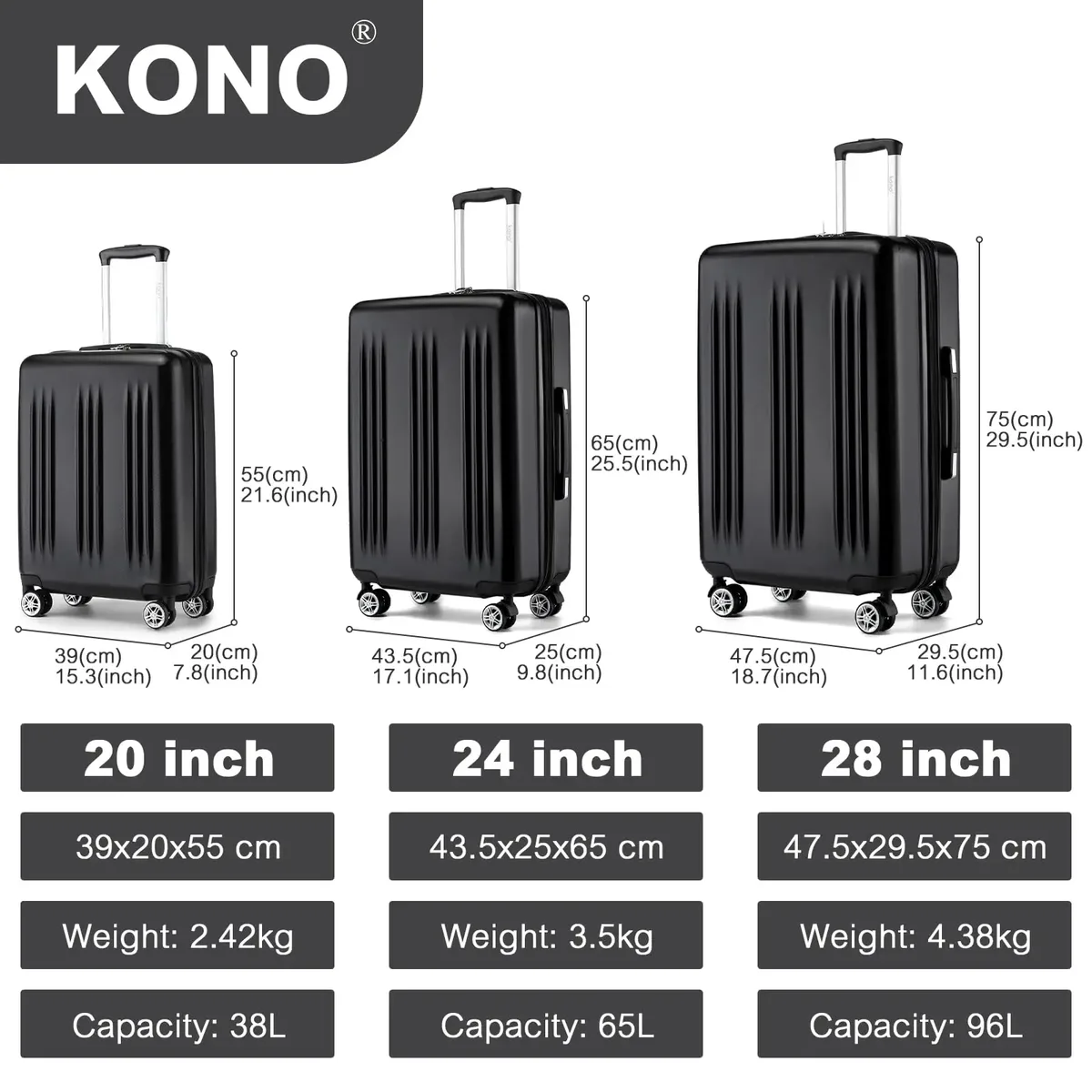 kono-valise rigide extensible légère avec serrure tsa, chariot à 4 rouleaux, 55cm, moyen 65cm, grand 75cm