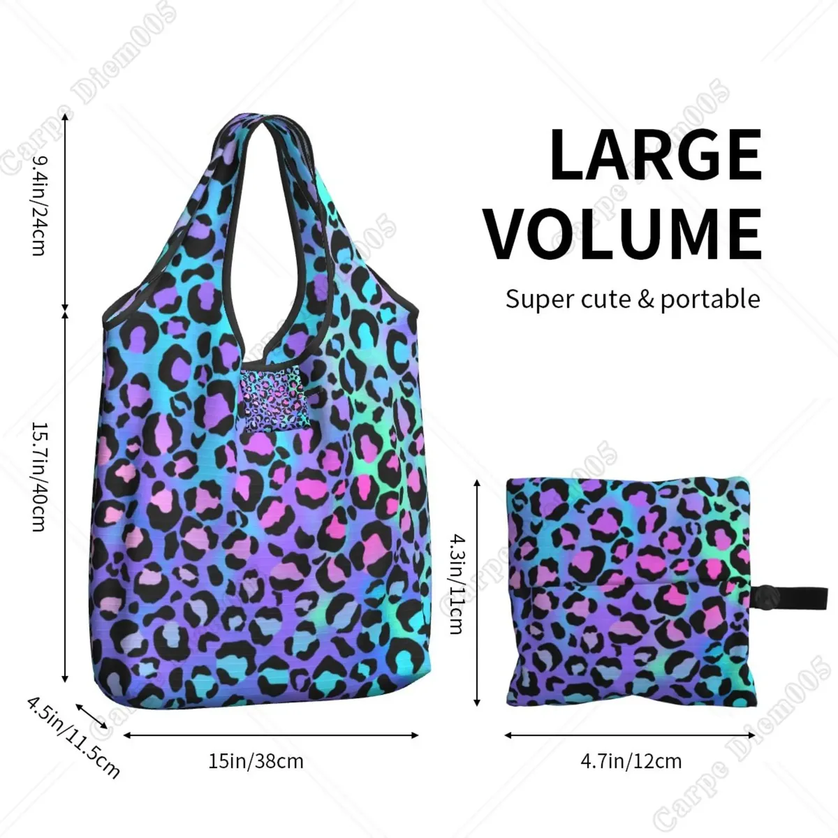 sac de courses pliable imprimé léopard coloré pour hommes et femmes, sac fourre-tout portable, sacs d'épicerie recyclables, extérieur, taille unique