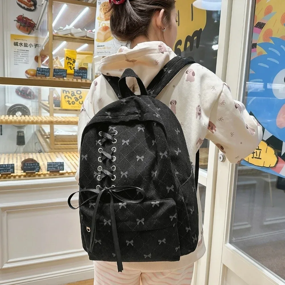 sac à dos en velours côtelé grande capacité avec nœud, léger, style coréen, sac à nœud, bretelles réglables, sac à double épaule pour étudiants