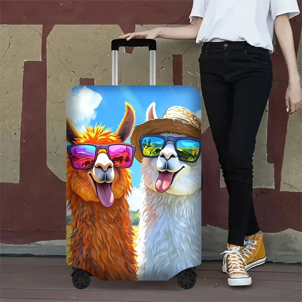 housse valise polyester motif alpagas joyeux lunettes chapeau nuages bleus orange blancs protection voyage taille variable