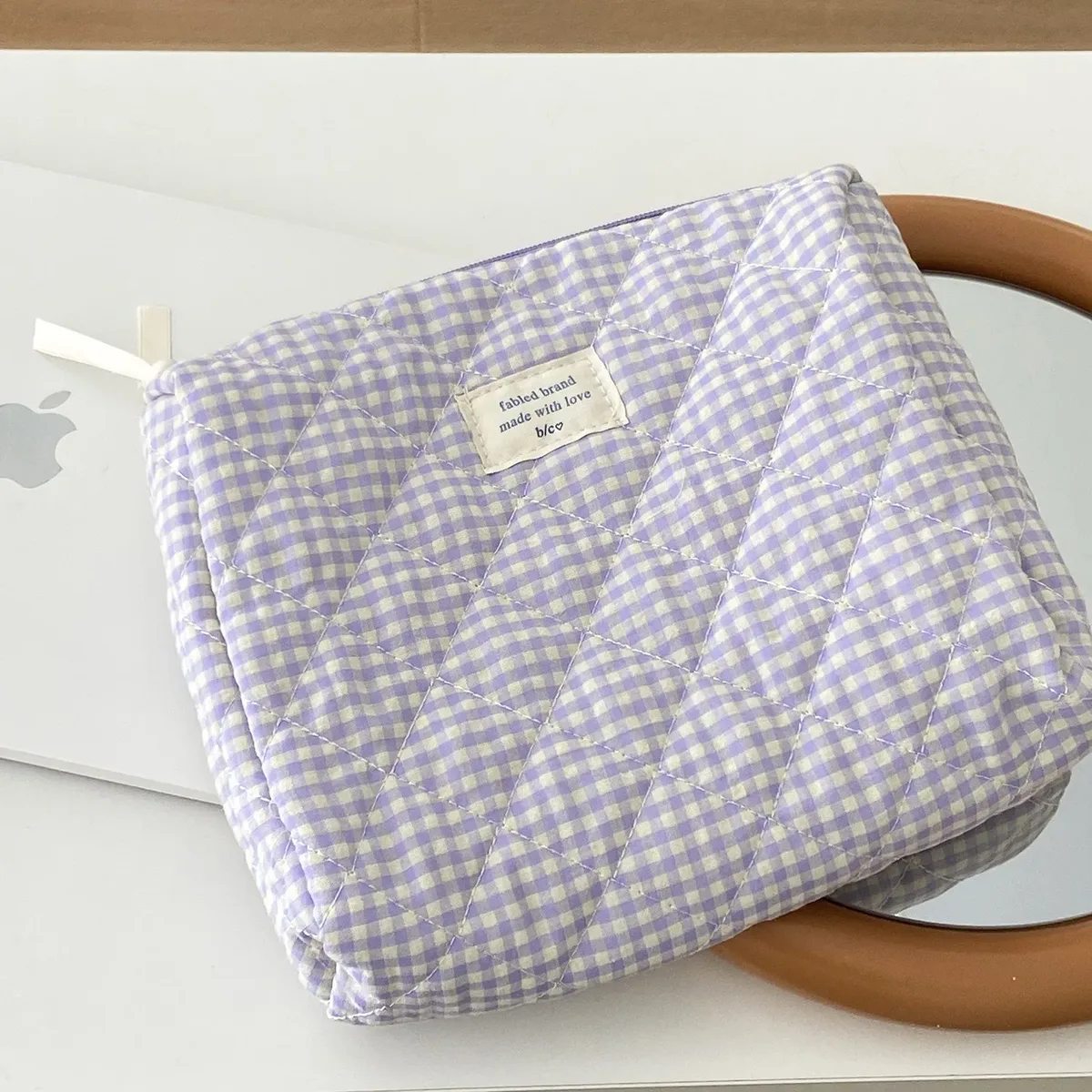 sac à cosmétiques à carreaux de grande capacité pour femmes, sac de rangement pour brosses de soins de la peau en coton pour filles, trousse de toilette de voyage portable, trousse de maquillage