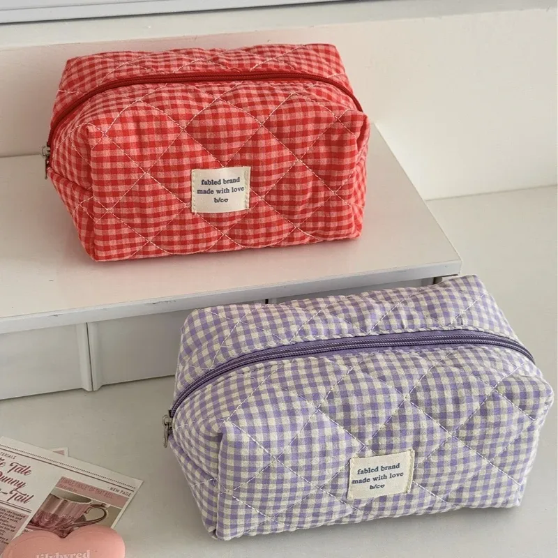 trousse de maquillage mignonne pour femmes, sac cosmétique portable de voyage, petite trousse de toilette à fermeture éclair à motif écossais, pochette de lavage, sacs de rangement