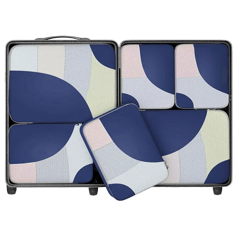 organisateur voyage polyester gris beige motif géométrique cube sac compression chaussures pochette housse vêtements tailles différentes transport pratique