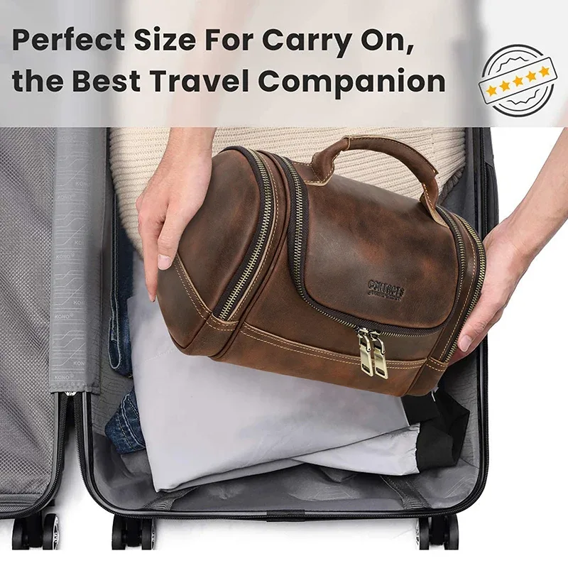contact's-sac à cosmétiques en cuir véritable pour hommes, trousses de toilette de voyage, sac de lavage de maquillage à poignée supérieure, sac de créateur, capacité d'évaluation