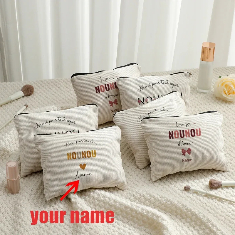 sac de maquillage personnalisé avec nom, lettres fleuries, motifs nounou, pochettes de toilette de voyage, nounou mère femmes, cadeau de remerciement de noël