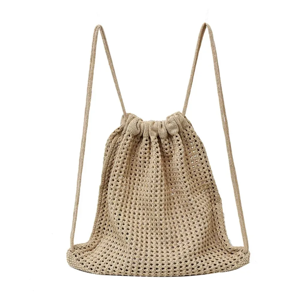 sac à bandoulière en tricot couleur unie, style décontracté, grande capacité, sac à dos bohème en crochet, polyvalent et ajouré