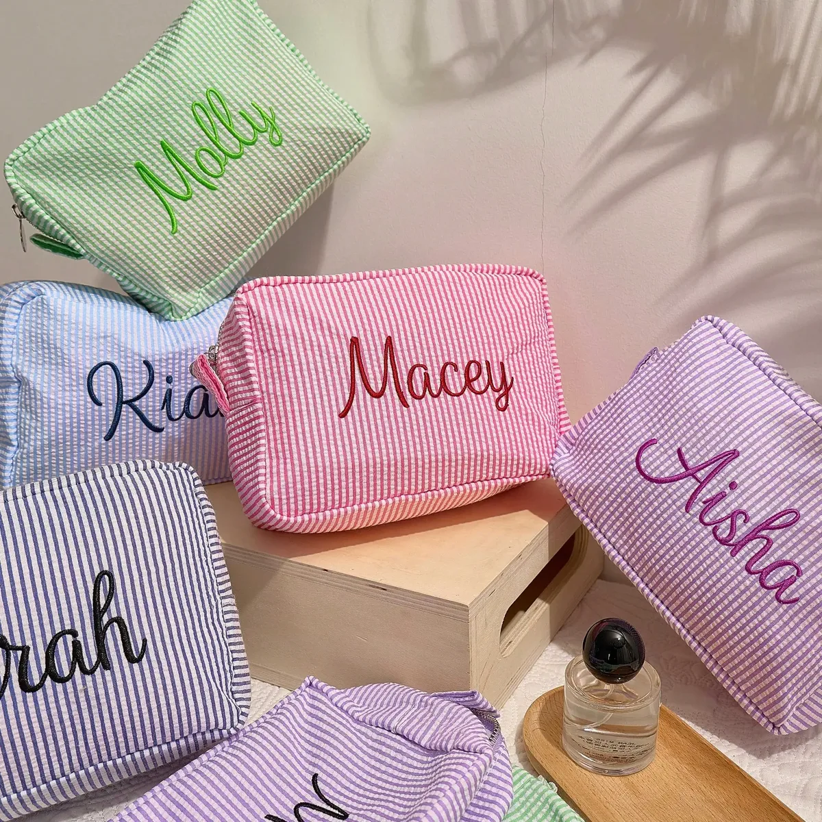 pochette cosmétique rayée personnalisée avec broderie de texte sur mesure, sac de voyage portable pour le rangement de maquillage et de soins de la peau diy